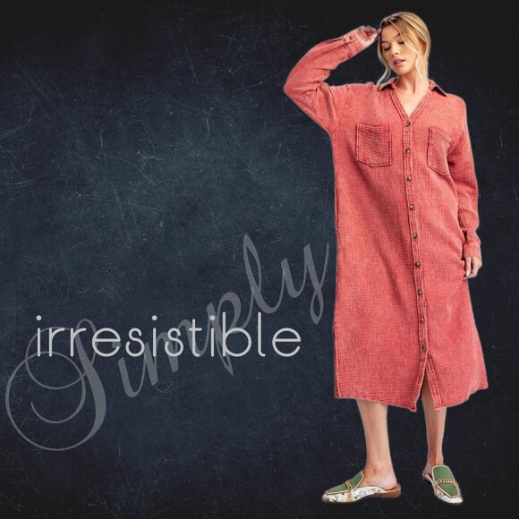 EASEL “Irresistible” Lux Mineral Washed Buttoned Relaxed Fit Shirt Dress Pockets - Picture 2 of 16